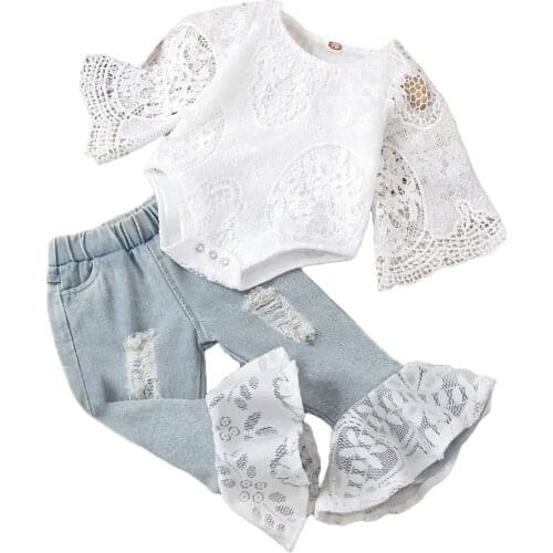 New Little Girls Ripped Jeans Suit, Solid Color Crew Neck Short Sleeve Mesh Tops and Long Pants 2-piece Suit