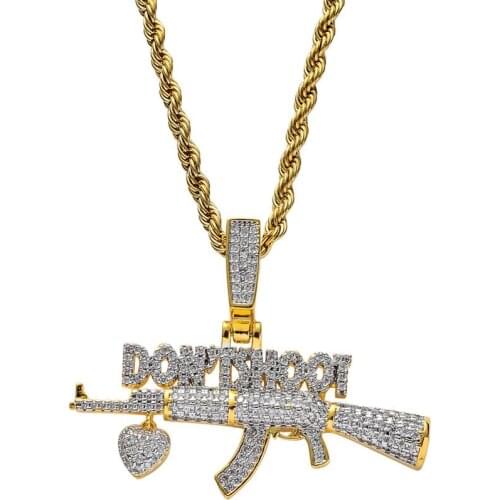 Micro Pave AAA Cubic Zirconia Bling Iced Out Don't Shoot AK 47 CS GO Gun Pendants Necklace for Men Hip Hop Rapper Jewelry