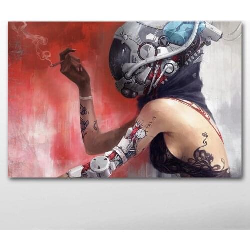 Anime girl smoking Sci Fi Cyborg Fantasy Wall Art Posters Canvas Prints Artwork paintings for Living Room Decor