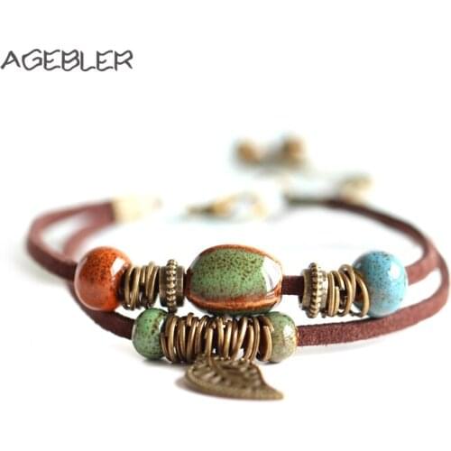 Hot Bohemia jewelry Men Bracelets Ceramic Leather Bracelet & Bangles for Women Colorful Bead Leaf Pendant Bell 2018