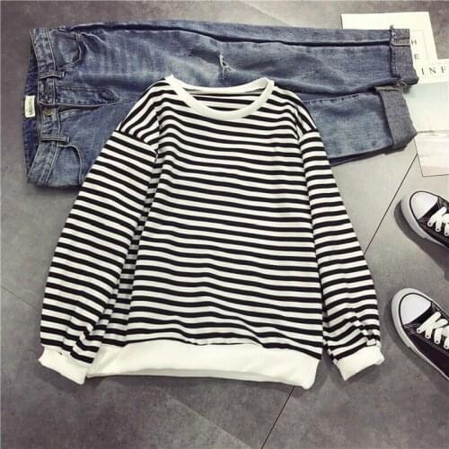 Spring Autumn Korean Sweet Sweatshirts Women Casual Loose O Neck Striped Long Sleeve Hoodies Female Cute Basic Sweatshirt Top