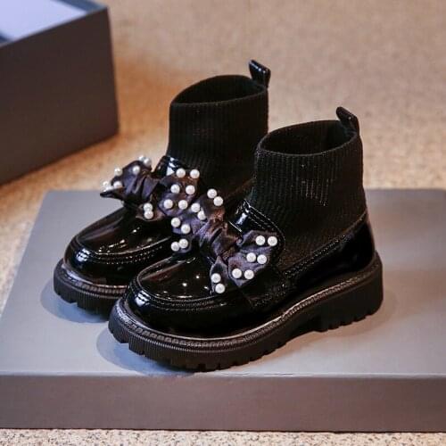 Girls Knit Bootie Patent Leather Pearl Bowknot Autumn Childrens Ankle Boots Casual Dress Slip-On Crystal Kids Princess Shoes