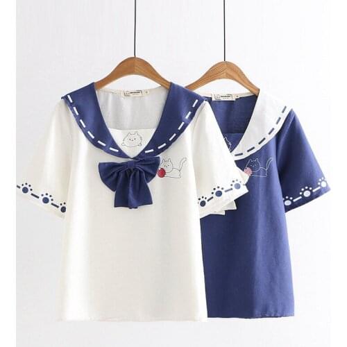 YUPINCIAGA Cartoon Printed Cat Line Ball Short-sleeved T-shirt Navy Collar Girl Student T-shirt Fashion Casual Cotton Female Tee