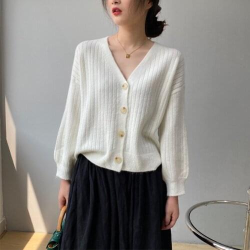 Spring and autumn womens casual solid color V-neck long-sleeved loose cardigan sweater