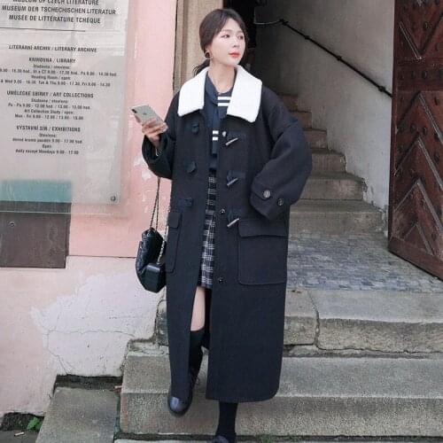 2020 Winter Womens Woolen Cloth Jacket Loose Large Size Quilted Horn Button Woolen Black Coat Korean Style Long oat C12