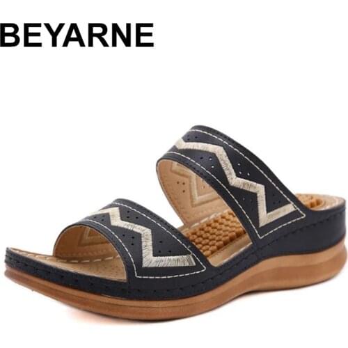 BEYARNESummer woman slippers Orthopedic Open Toe Sandals Anti-slip Breathable flip flops Leather Female Platform Retro WomenShoe