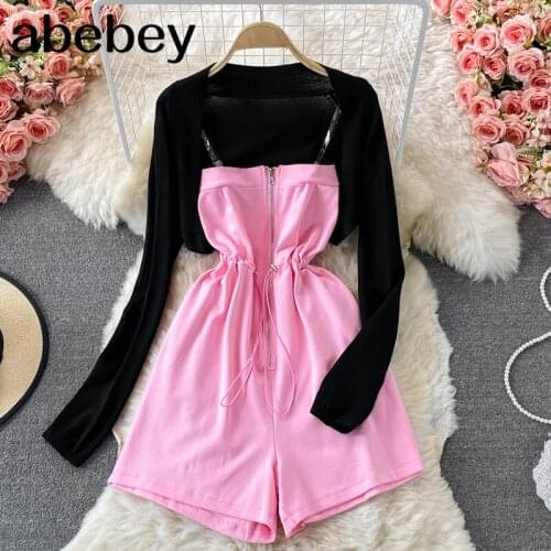 2021 New Summer Temperament sleeveless drawstring lace up zipper short Rompers + long sleeve short Cardigan Top 2-piece set