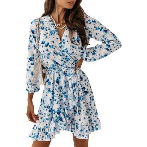 2021 Elegant Beach Women Mini Dress Sprint Casual Floral Print Cross V-neck Long Sleeve Lace Up Waist Irregular Ruffle Dress D30