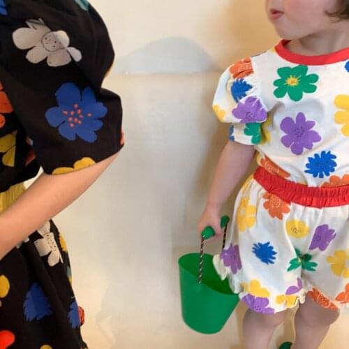 Summer girls cute floral casual clothes sets puff sleeve T shirt and Lace shorts 2pcs sets