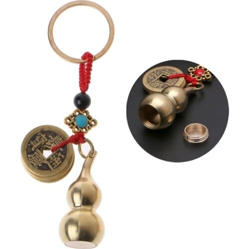 652B Lucky Gourd Keychain with Feng Shui Coins Brass Calabash Wu Lou Pendant Keychain