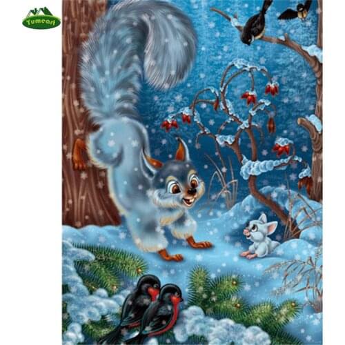 Two Squirrels and Birds, Diamond Embroidery, ZKll Decoration, DIY Diamond Painting, Cross Stitch Animal, Snow World, Cartoon