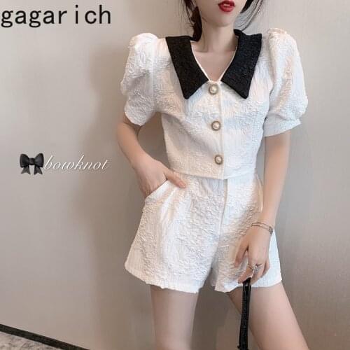 Gagarich Sets Woman 2021 Summer New Ins Female Elegant Temperament Puff Sleeves Top Wide Leg High Waist Shorts Two-piece Suit