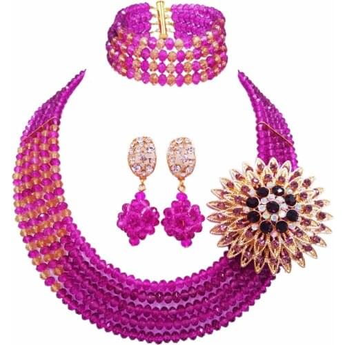 Fashion Purple Champagne Gold Multi Strands Statement Necklace African Wedding Beads Nigerian Jewelry Set Crystal 5JZ12