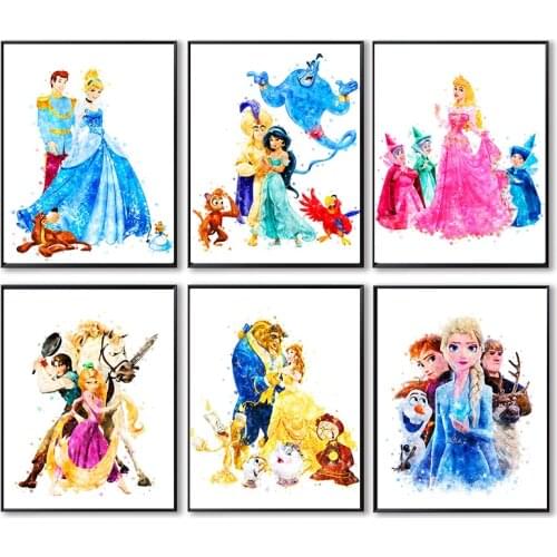 Cartoon Disney Characters Watercolor Canvas Painting Wall Art Poster and Prints Wall Art Picture for Kids Room Home Decoration