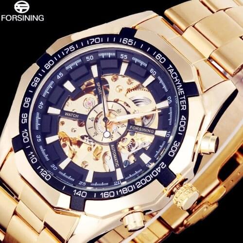 Top FORSINING brand Luxury Sport mens Automatic gold Skeleton Mechanical Military fashion casual Watch Men stainless Steel Band