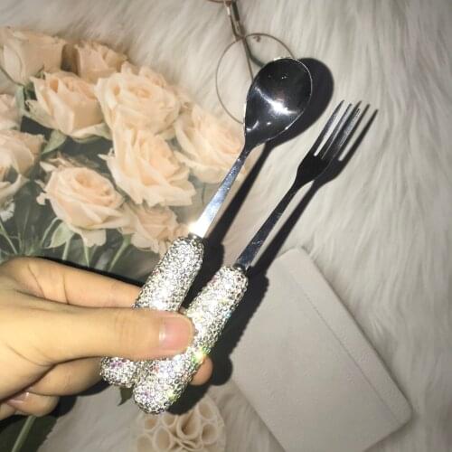 Rhinestone Dessert Spoon Personalized Coffee Spoons Fork Set Fruit Forks Teaspoon Stainless Steel Kichen Accessories Tiny Spoon