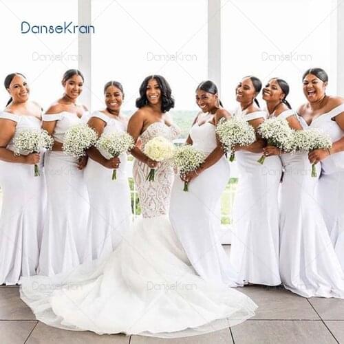 Simple Elegant White Mermaid Bridesmaid Dresses For African Women Off The Shoulder Lace Up Back Satin Wedding Party Dresses
