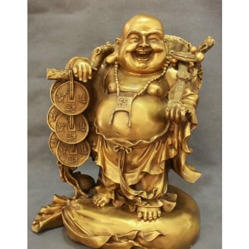 15" Chinese Brass Wealth Coin RuYi Happy Laughing Maitreya Buddha On Bag Statue