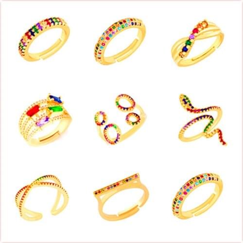 Gorgeous Rainbow Ring Baguette Colorful Cubic Zirconia CZ Gold Filled Adjustable Open Snake Rings For Women Statement Jewelry