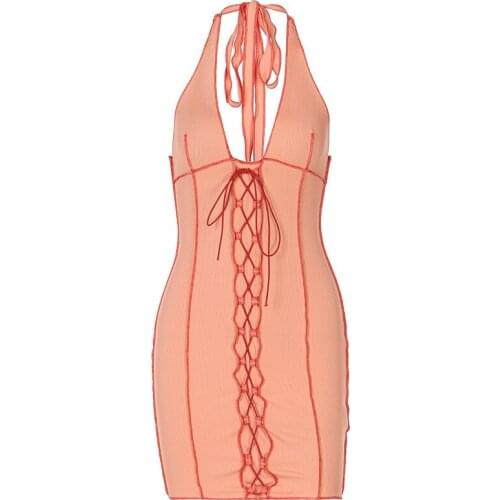 Y2K Anti Car Line 2021 Bodycon Sleeveless Sexy Halter Backless Mini Dresses Elegant Solid Color Bandage Tie Women Dress