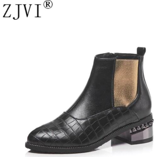 ZJVI Womens Rivets Ankle Boots Women Winter Autumn Boots 2020 Fashion Stretch Woman Square Heels Ladies Black Shoes Plus Size