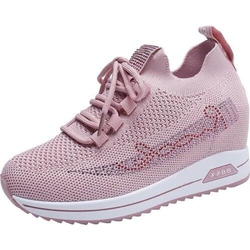 2021 Crystal Rhinestones Platform Wedge Sneakers Shoes Breathable Mesh Shoes Autumn Casual Shoes Height Increasing Woman