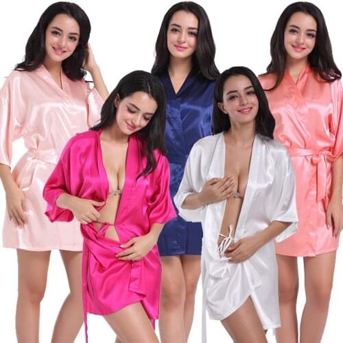 New Silk Kimono Robe Bathrobe Women Silk Bridesmaid Robes Sexy Navy Blue Robes Satin Robe Ladies Dressing Gowns