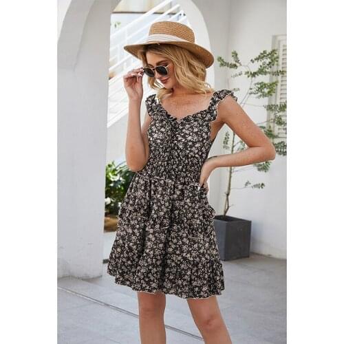 WYBLZ Black Floral Print Summer Dress Women Boho Elegant Ruffled Mini Dresses Elastic Sleeveless Beach Vacation Sundress 2021