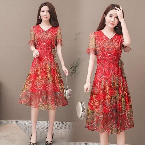 Mothers Pleated Summer Dresses Printed V-neck Middle-aged Large Size Womens Temperament Chiffon Floral Vestidos Elegant Z563