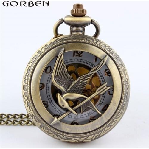 2017 New Arrival The Hunger Games Retro Bronze Hollow Quartz Pocket Watch Skeleton Bird Clock Pendant Gifts For Men Women Clock