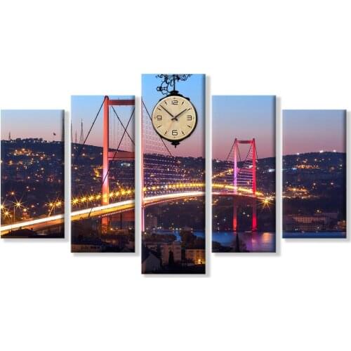 5 PCS With Clock Turkey Istanbul Bridge Landscape Painting Canvas Table 112X70 CM