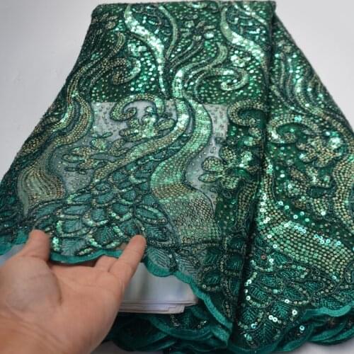 5yards/pc) New design African net lace teal green French lace fabric with beautiful embroidery and sequins for party FLP268