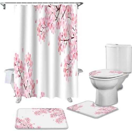 Abstract Cherry Blossoms Print Shower Curtain Bathtub Decor Rug Waterproof Bathroom Curtain Toilet Cover Mat Set