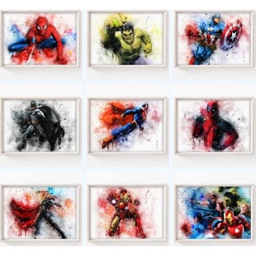 Watercolor Canvas Painting Marvel Avengers Poster Superhero Spiderman Captain America Print Cuadros for Living Room Decor