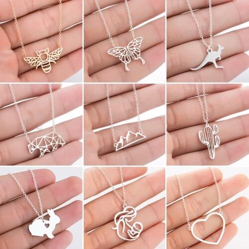 Bijoux Stainless Steel Animal Rabbit Necklaces for Women Fashion Cactus Mountain Bee Bear Geometric Necklace Gold Collier 2020