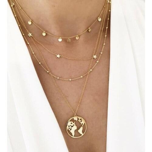 Gold Chain Globle Map Necklace for Women Collier Femme Circle Star Layered Necklace Fashion Jewelry Birthday Collares De Moda