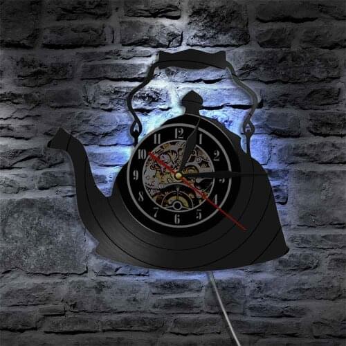 Teapot 3D Wall Clock Kitchen Vinyl Record Wall Clock with Light Kitchen Artwork Teapot Tea Room Wall Decor Housewarming Gift