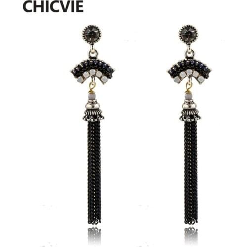 CHICVIE Exquisite Black Tassel Statement Hook Dangle Drop Earrings for Women Crystal Stones Pendant Jewelry Gifts SER160125
