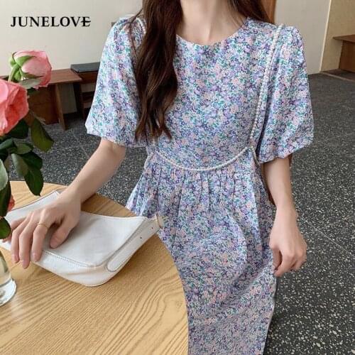 JuneLove 2021 Summer Round Collar Short Puff Sleeve Dress Vintage With Pearl Chain Purple Yellow Blue Foral Print Party Dress