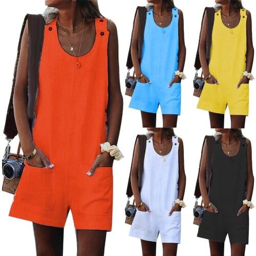 Plus Size Summer Lady Solid Color Cotton Linen Sleeveless Jumpsuit Shorts Romper