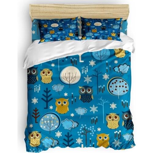 Home Comforter Bedding Set Owl Flower Tree Dark Blue Pattern Cute Bedding Set 4 Pcs Duvet Cover Bedding Set Luxury