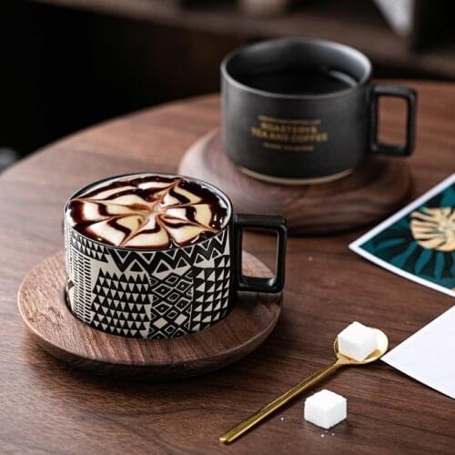 Creative American Style Coffee Cup Ceramic Mug Wood Saucer Coffee Mug Breakfast Milk Juice Cup Cafe Drinkware Accessories