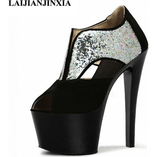 LAIJIANJINXIA Hot Sale Spring Glitter Golden/Silver Women Pumps Open Toe Crystal Shoes Ultra-High Platform High Heel Dance Shoes