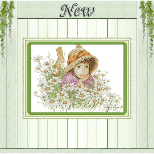 A little girl in the flowers garden painting counted print on canvas 14CT 11CT DMC Cross Stitch kits Needlework Sets Embroidery