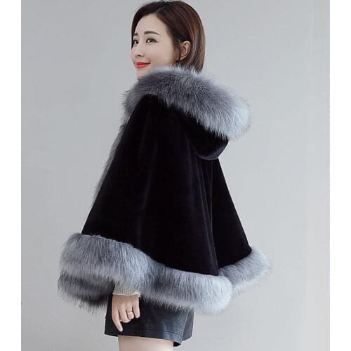 Lamb Wool Cloak Cape Hooded Coat Elegant Female Senior Faux Fur Shawl Winter Thick Trim Warm Shawl Wrap Poncho Cape One Size