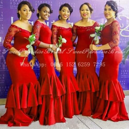2020 Red Mermaid Bridesmaid Dresses With 3/4 Long Sleeves Appliques Beads Sheer Off Shoulder Women Wedding Party Dress Vestidos
