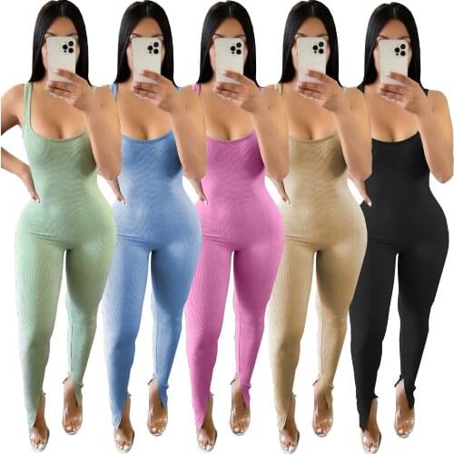 Casual Sportswear Knitted Rib Jumpsuit Women Sexy O Neck Backless Tank Top Slit Hem Flare Pants Slim Jumpsuit Overaslls Workout