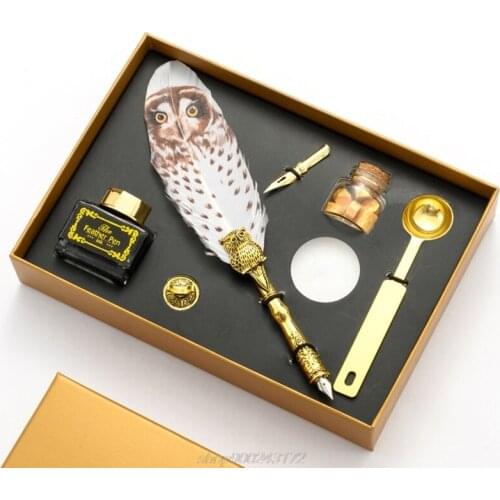 Retro Calligraphy Quill Owl Feather Dip Pen with Nib Wax Seal Stamp Gift Box Stationery M09 21 Dropship