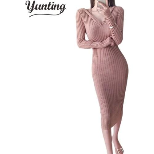 Sexy V-neck Sweater Dress Women Solid Long Sleeve 2020 New Autumn Thin Dresses Fashion Ladies Comfortable Bodycon Dress