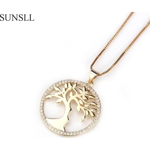 SUNSLL Golden Color Copper White Cubic Zirconia Life Tree Round Pendant Necklaces Womens Fashion Jewelry CZ Colar Feminina